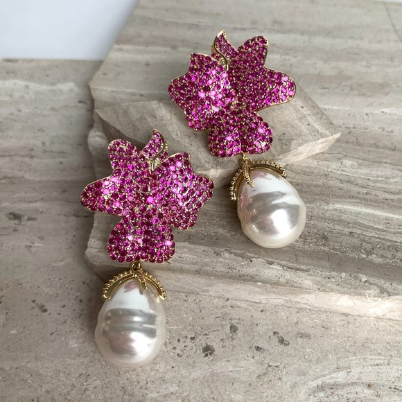 NEW ~ Anthropologie Made by Maddie Pink Travona Floral Pave Crystal & Pearl E… - Picture 2 of 16